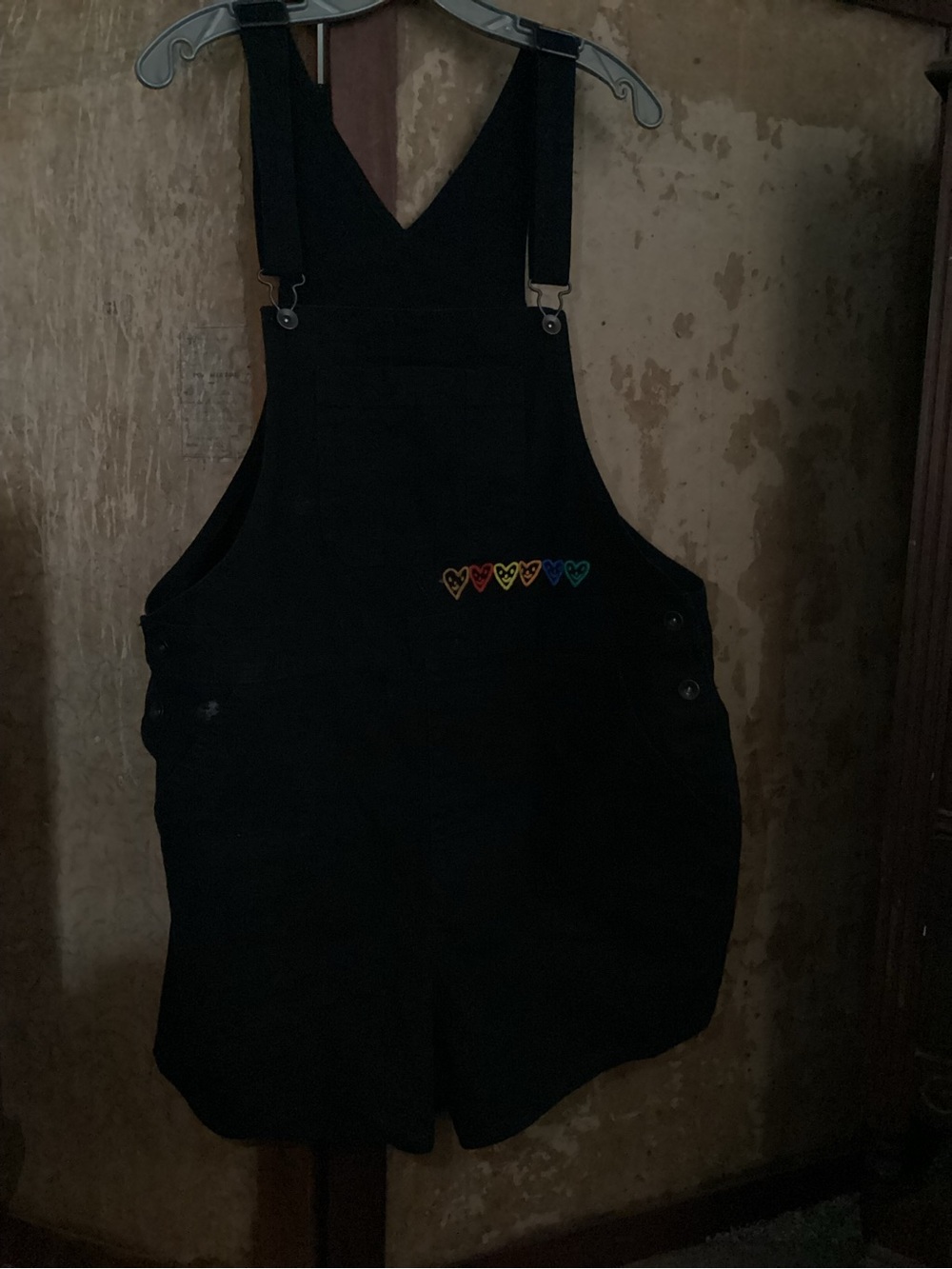 Black Short Overalls with Rainbow Heart Embroidery